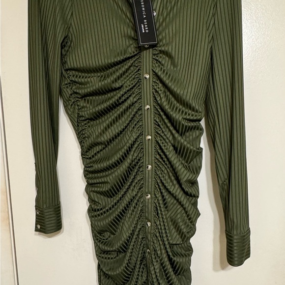 Veronica Beard Davila Ruched Mini Dress Women's Small Green Snap Front Bodycon - Picture 2 of 5